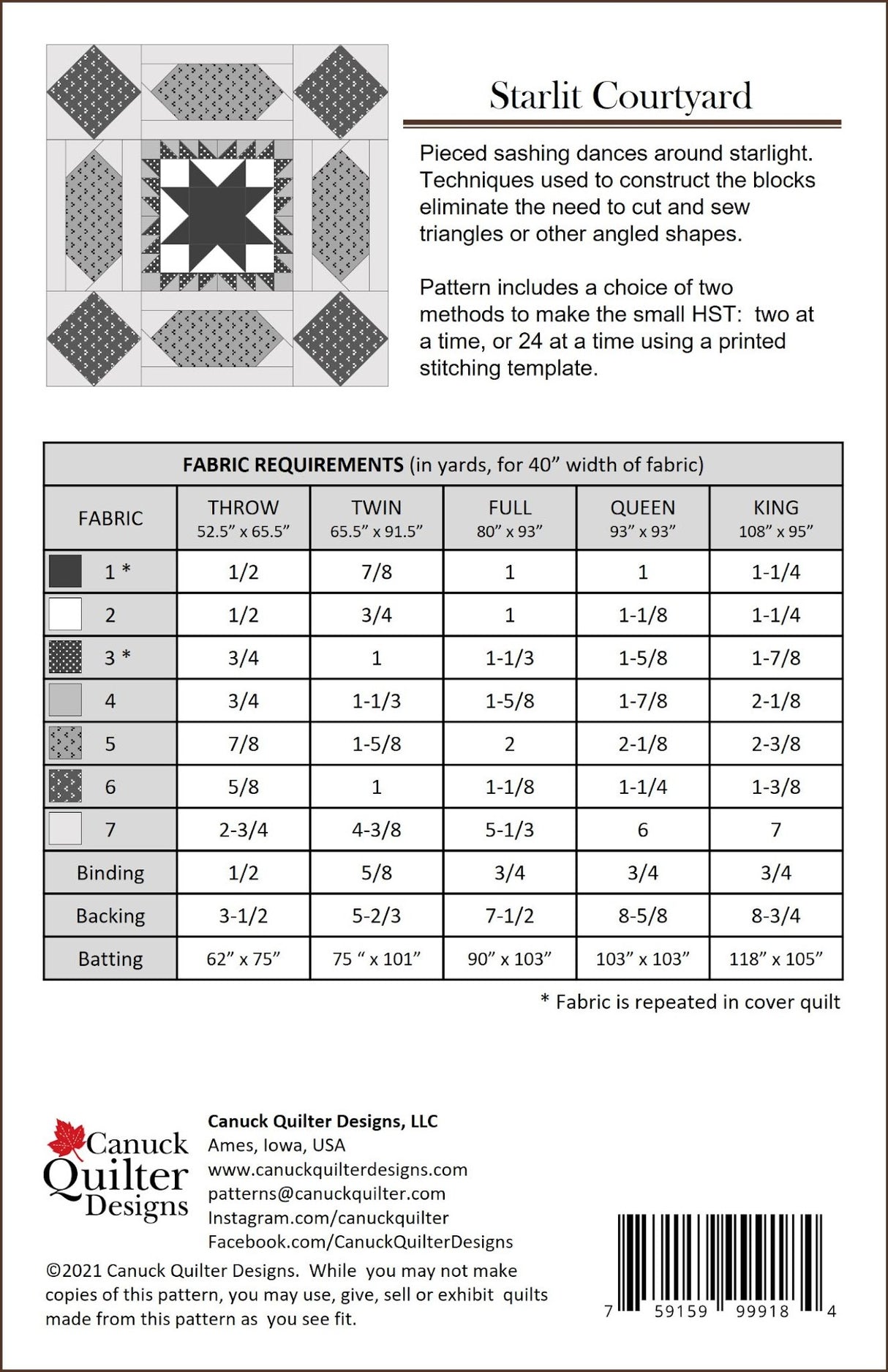 Back of the Starlit Courtyard Quilt Pattern by Canuck Quilter Designs