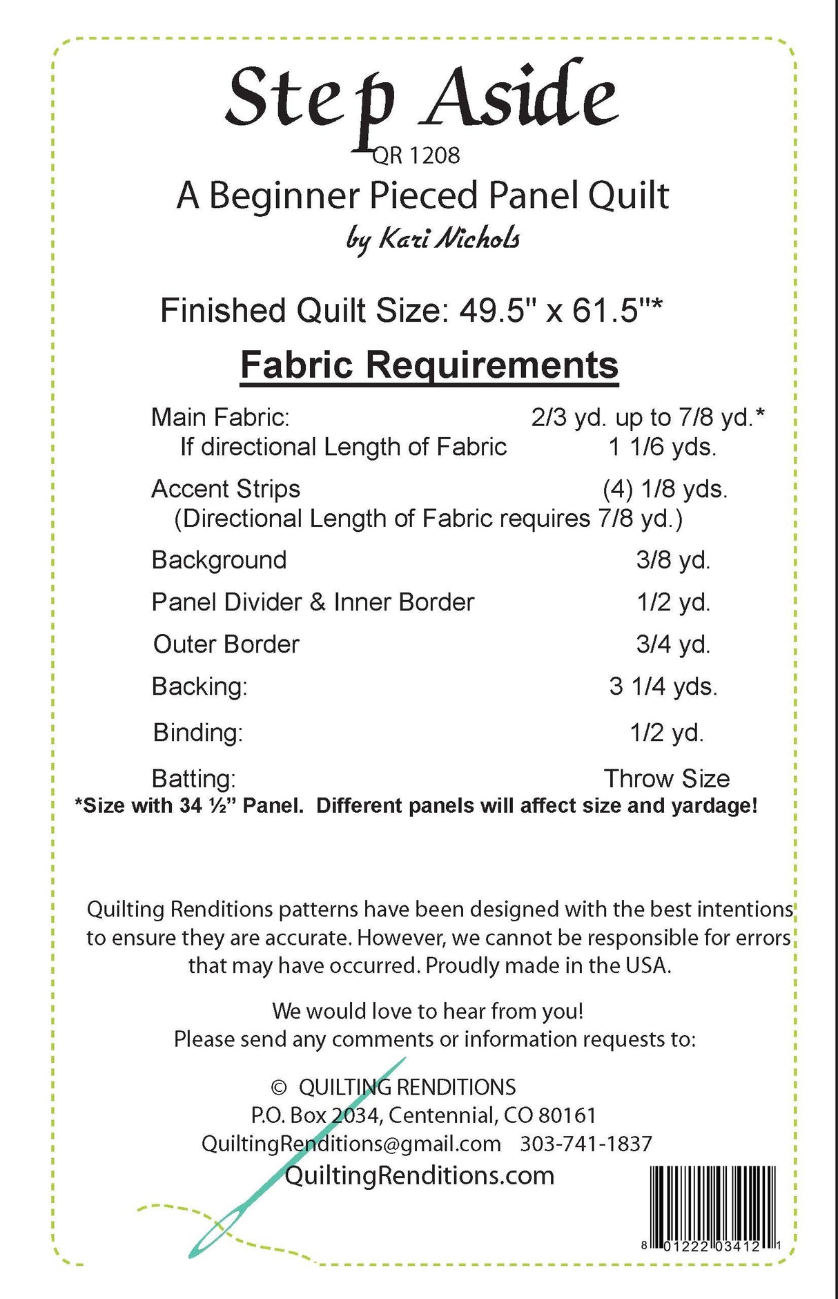 Back of the Step Aside Pattern by Quilting Renditions