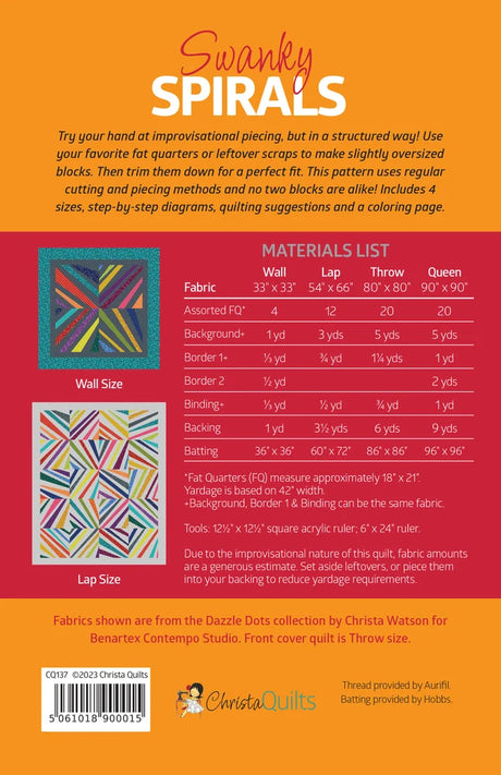 Back of the Swanky Spirals Downloadable Pattern by Christa Quilts