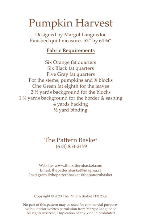 Back of the Pumpkin Harvest Quilt Pattern by Pattern Basket