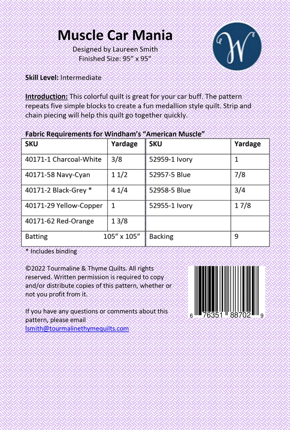 Back of the Muscle Car Mania Quilt Pattern by Tourmaline & Thyme Quilts