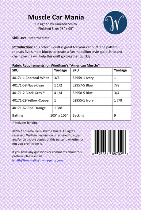 Back of the Muscle Car Mania Quilt Pattern by Tourmaline & Thyme Quilts