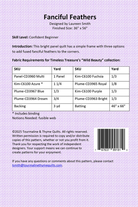 Back of the Fanciful Feather Quilt Pattern by Touramaline & Thyme