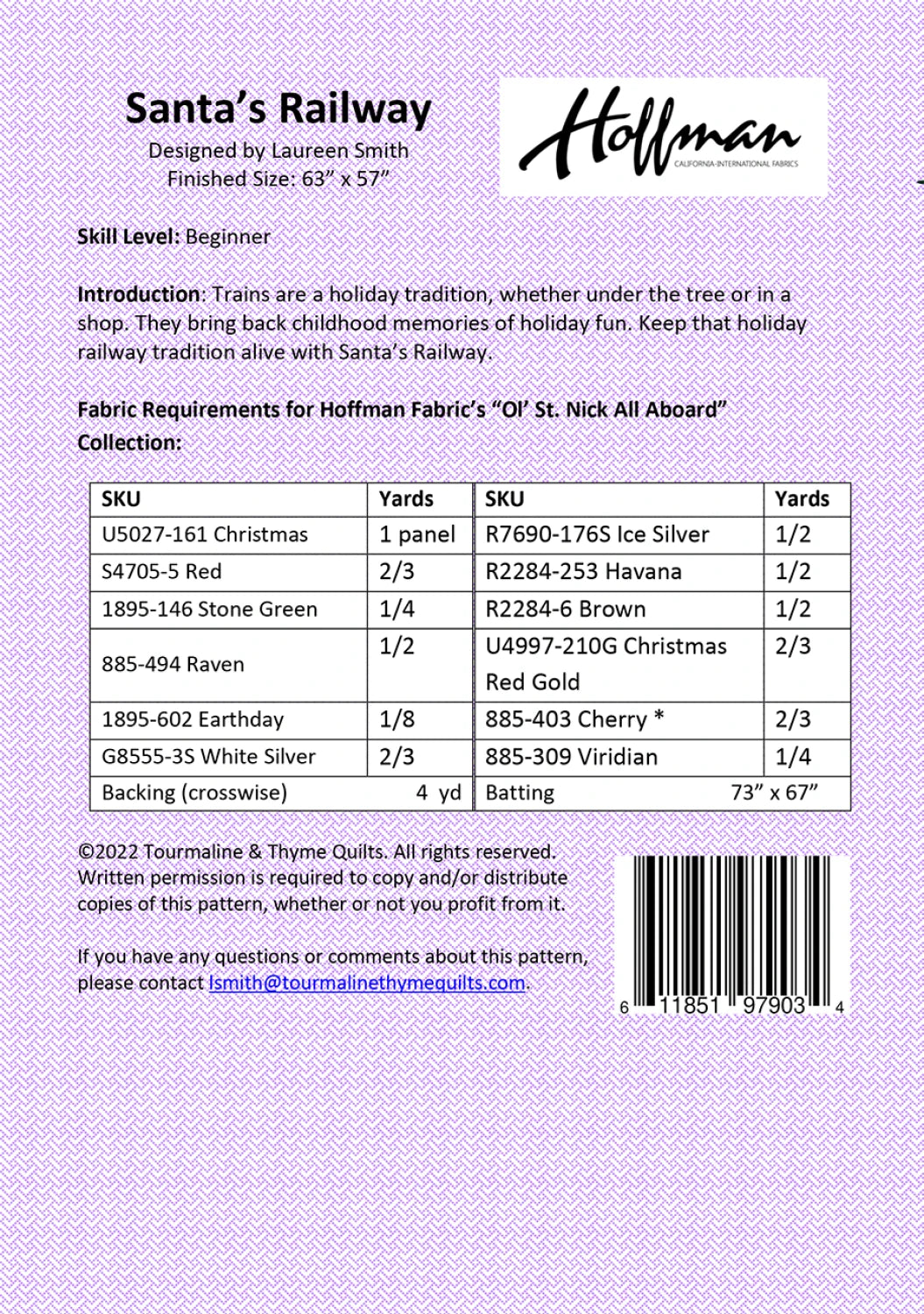 Back of the Santas Railway Quilt Pattern by Tourmaline & Thyme Quilts