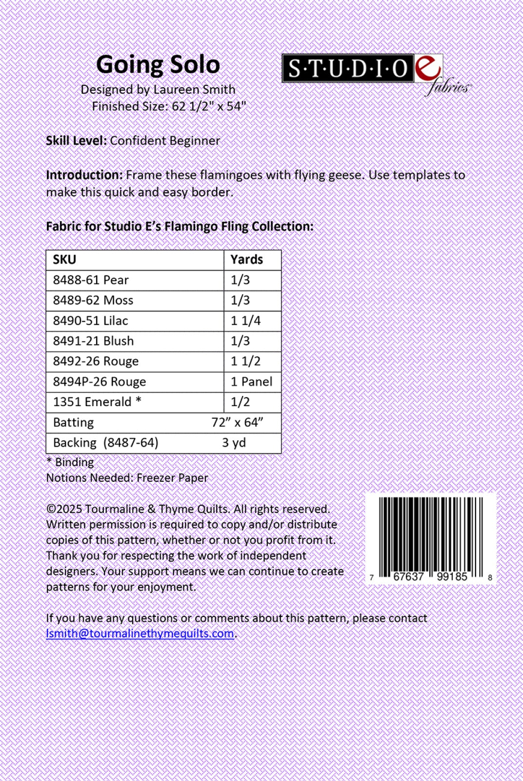 Back of the Going Solo Quilt Pattern by Touramaline & Thyme