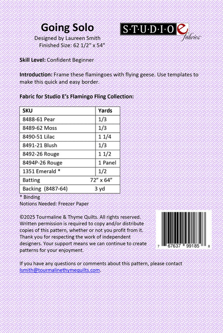 Back of the Going Solo Quilt Pattern by Touramaline & Thyme