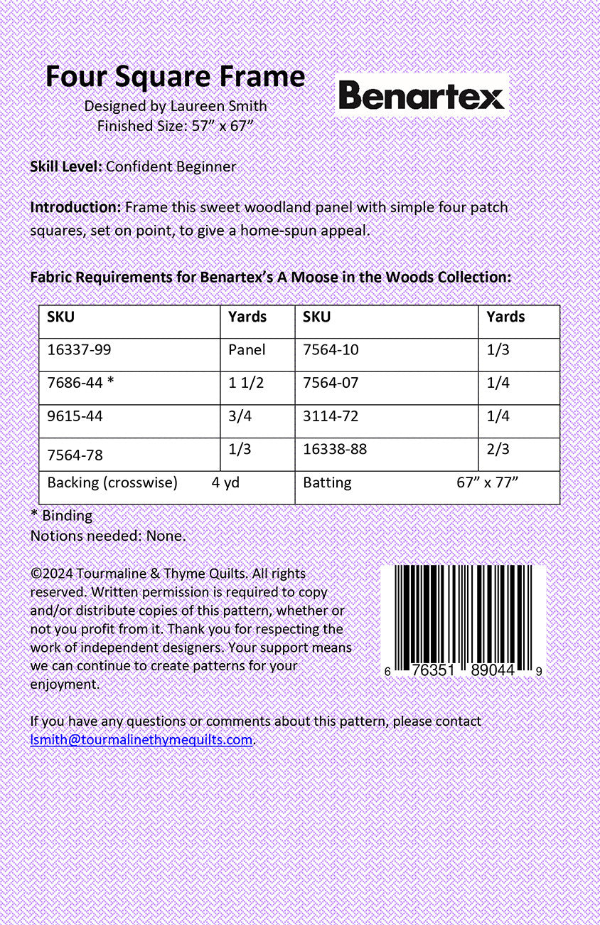 Back of the Four Square Frame Quilt Pattern by Tourmaline & Thyme Quilts