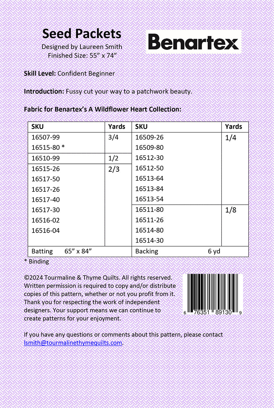 Back of the Seed Packets Quilt Pattern by Tourmaline & Thyme Quilts