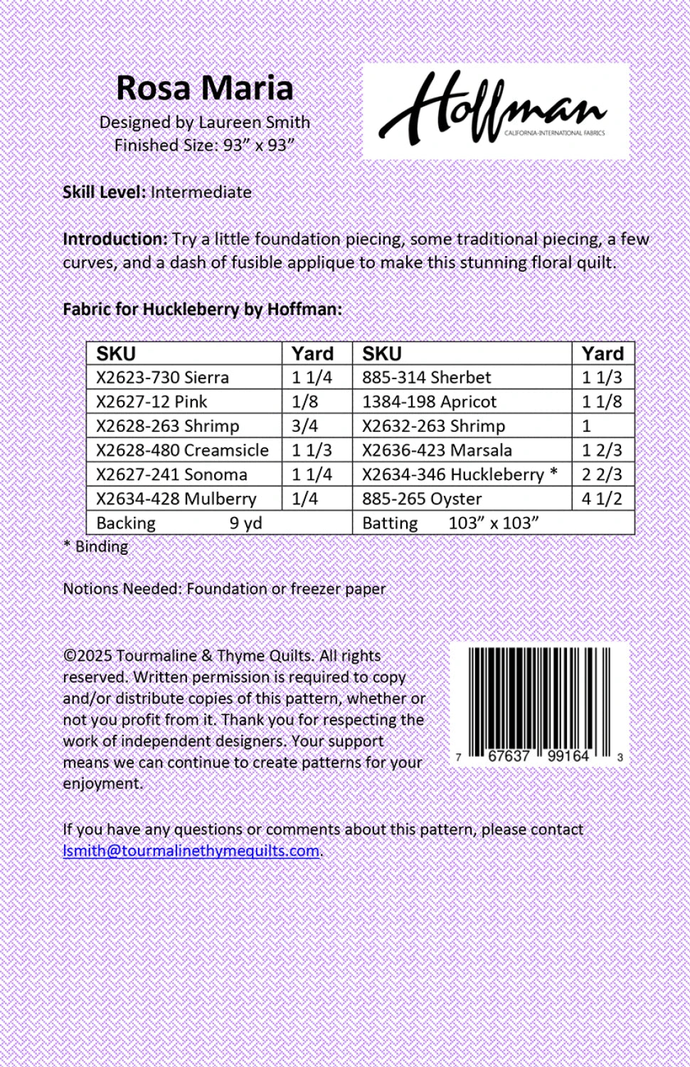 Back of the Rosa Maria Quilt Pattern by Tourmaline & Thyme Quilts