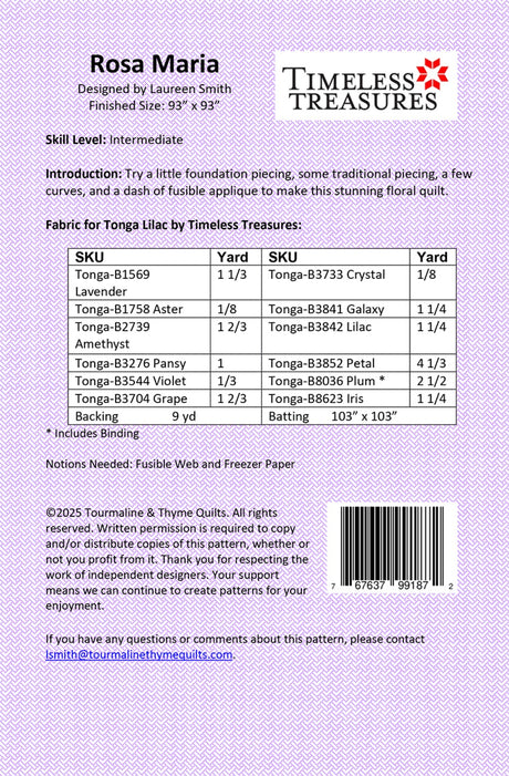 Back of the Rosa Maria Quilt Pattern by Touramaline & Thyme