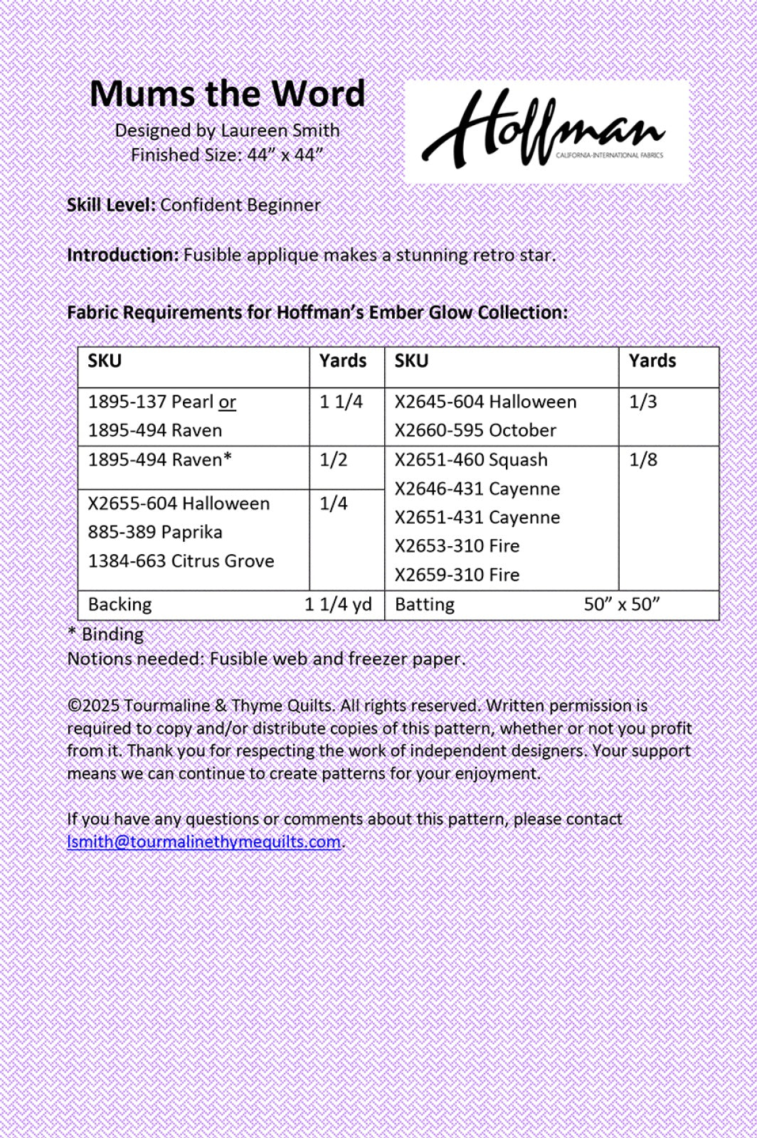 Back of the Mums the Word Quilt Pattern by Touramaline & Thyme