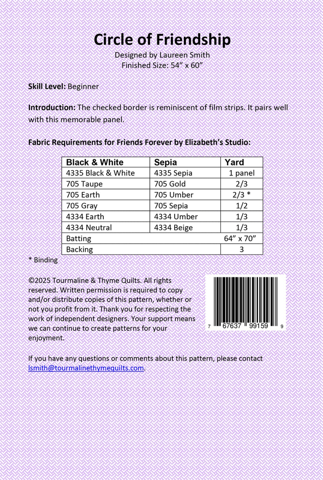 Back of the Circle of Friendship Quilt Pattern by Touramaline & Thyme