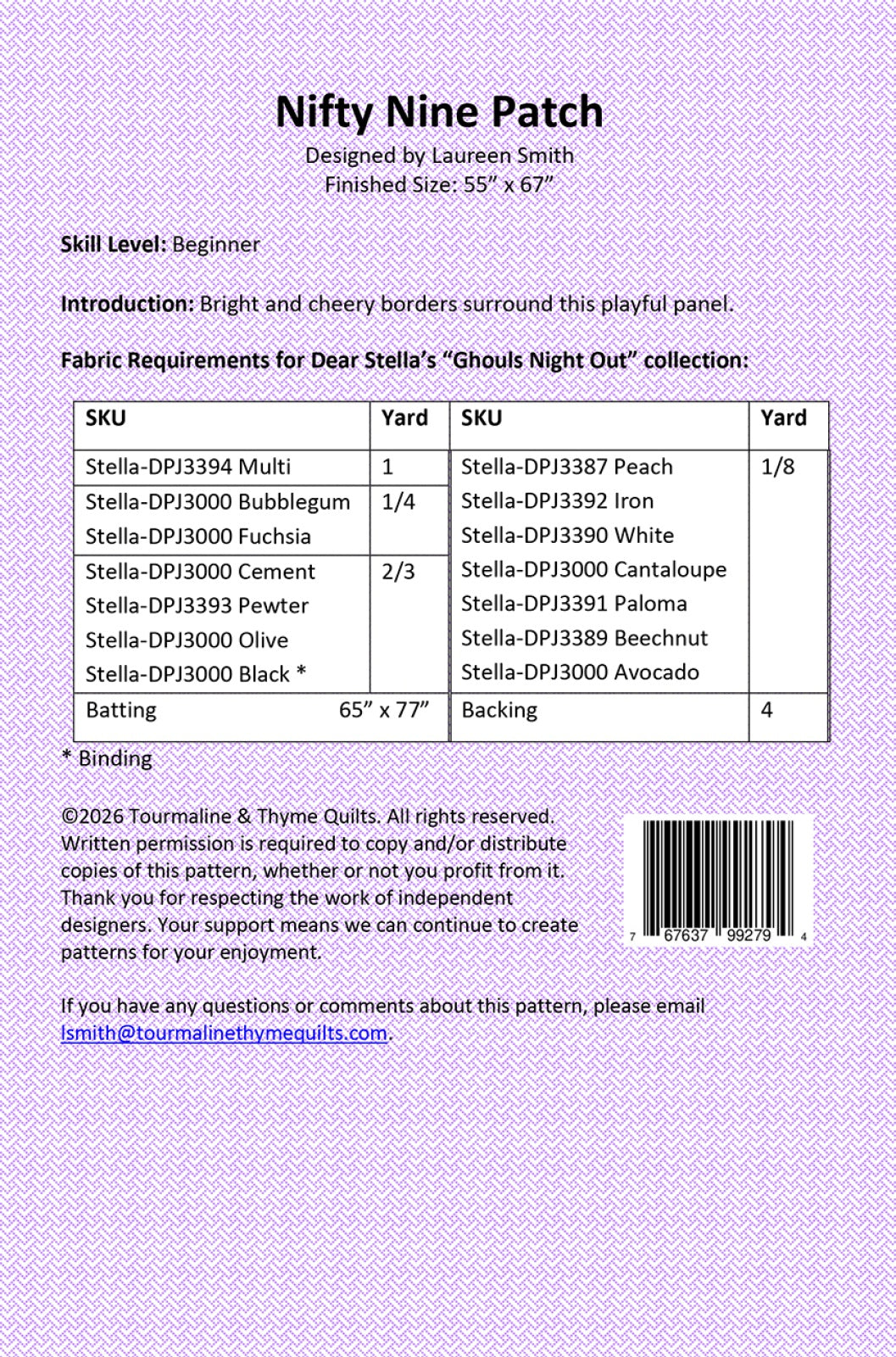 Back of the Nifty Nine Patch Quilt Pattern by Touramaline & Thyme