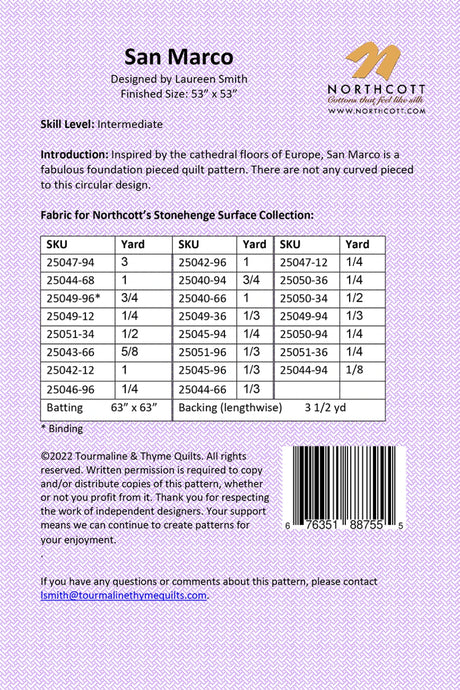 Back of the San Marco Quilt Pattern by Tourmaline & Thyme Quilts