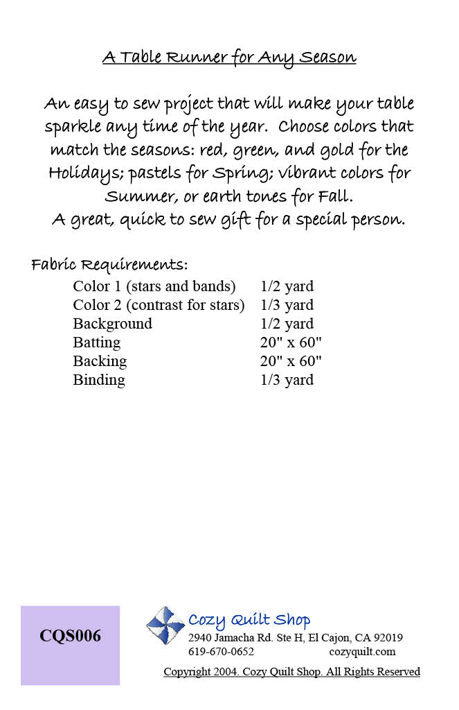 Back of the Table Runner Downloadable Pattern by Cozy Quilt Designs
