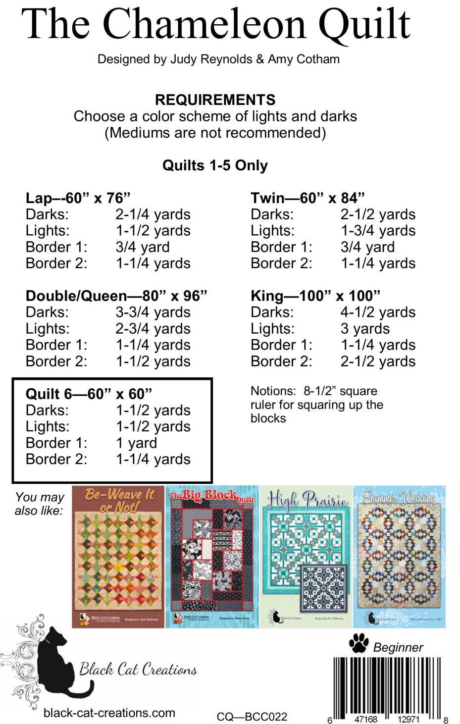 Back of The Chameleon Quilt Downloadable Pattern by Black Cat Creations