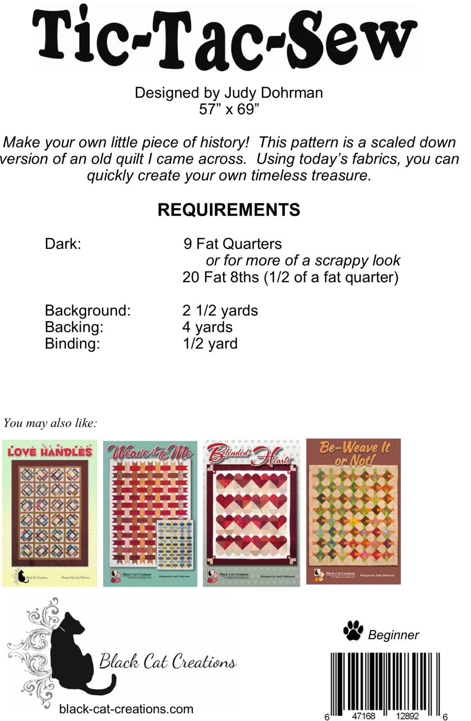 Back of the Tic-Tac-Sew Downloadable Pattern by Black Cat Creations