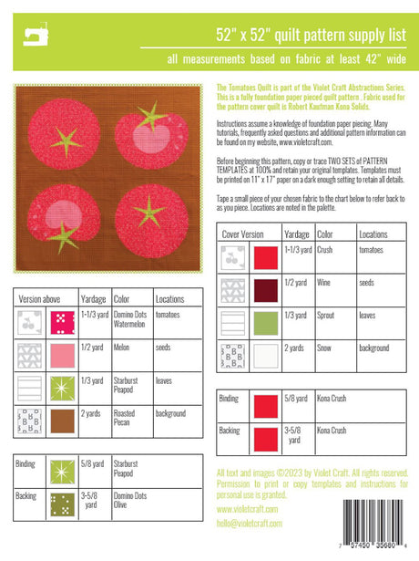Back of the The Tomatoes Quilt Pattern by Violet Craft
