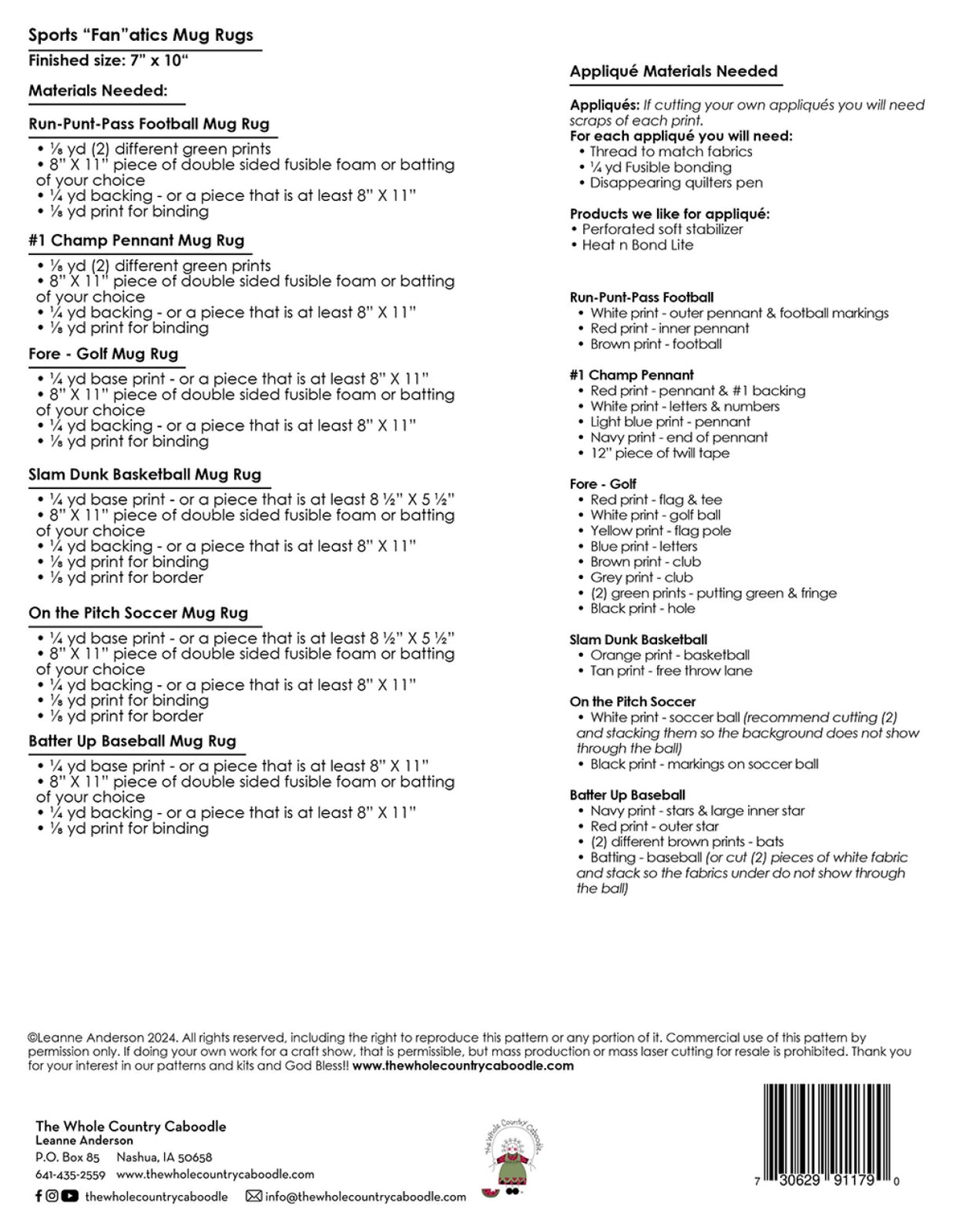 Back of the Sports Fanatics Mug Rugs Quilt Pattern by Whole Country Caboodle