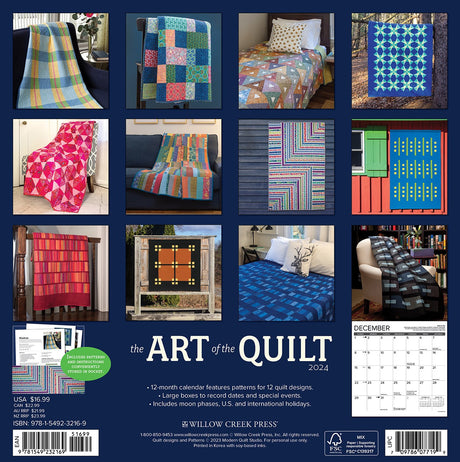 Back of the 2024 Art of the Quilt Wall Calendar by Willow Creek Press