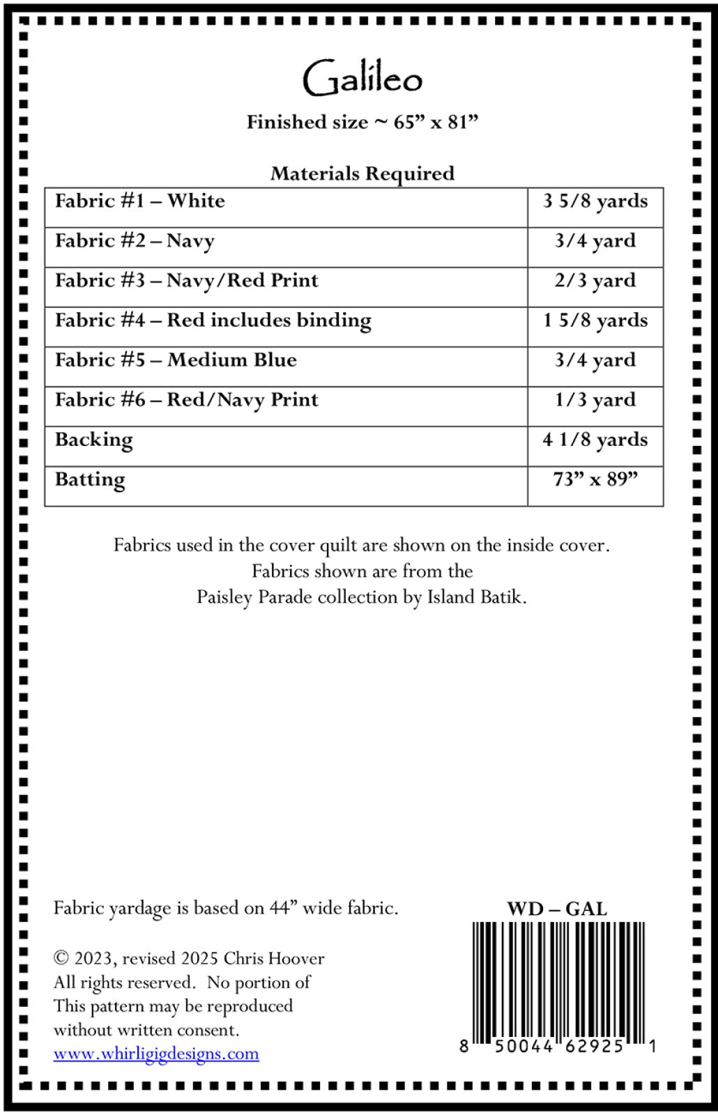 Back of the Galileo Quilt Pattern by Whirligig Designs