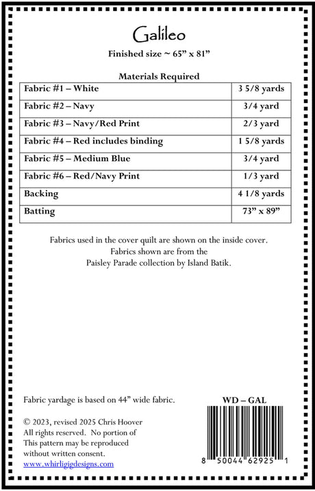 Back of the Galileo Quilt Pattern by Whirligig Designs