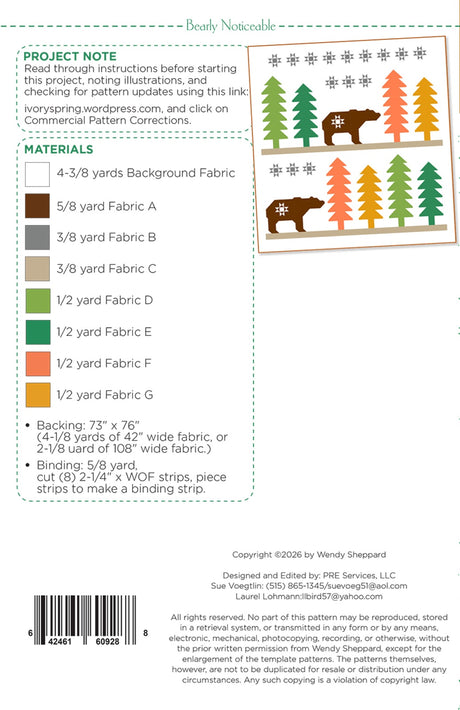 Back of the Bearly Noticeable Quilt Pattern by Wendy Sheppard