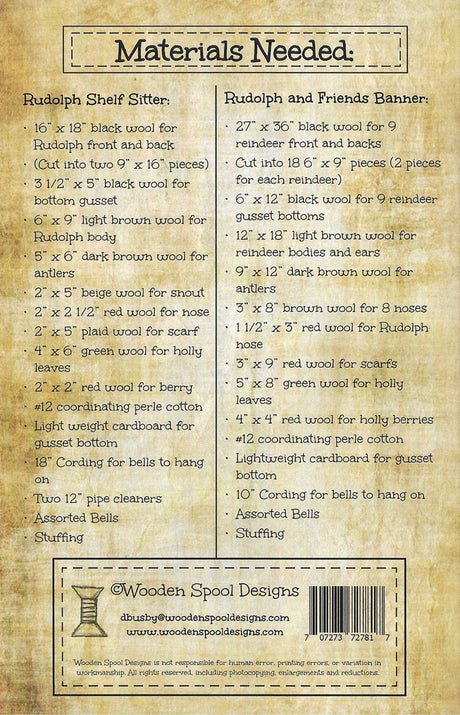 Back of the Rudolph & Friends Shelf Sitter & Banner Quilt Pattern by Wooden Spool Designs