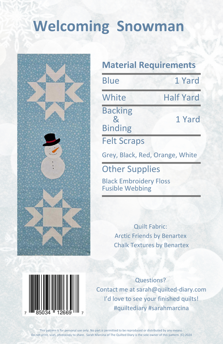 Back of the Welcoming Snowman Downloadable Pattern by A Quilted Diary