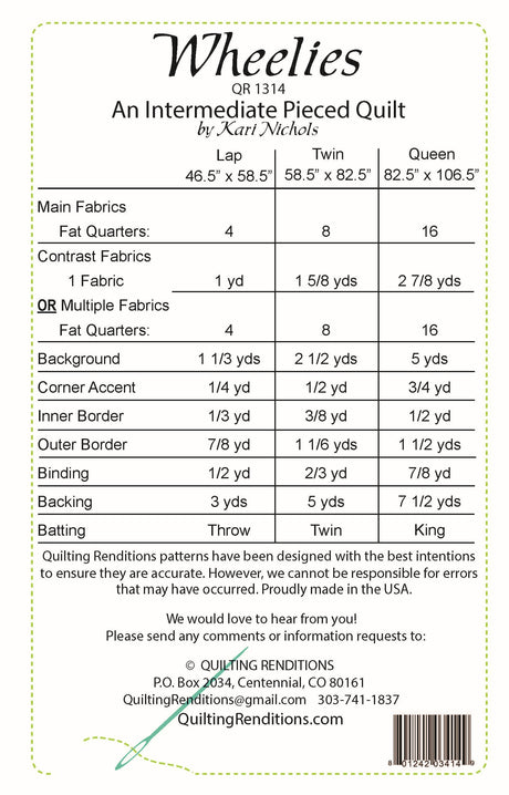 Back of the Wheelies Quilt Pattern by Quilting Renditions