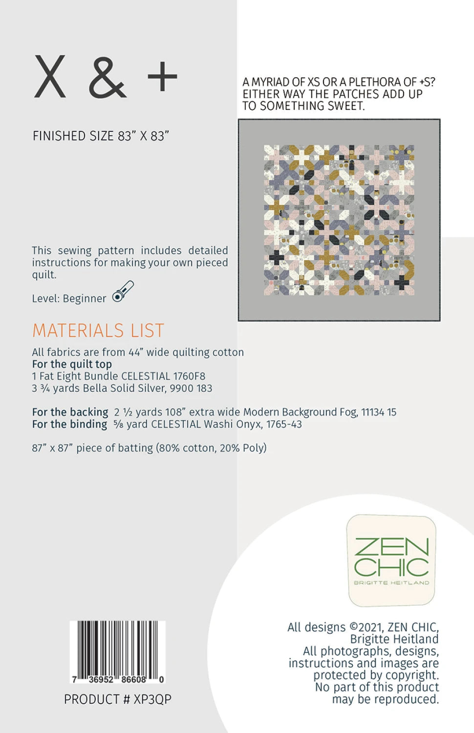 Back of the X and Plus Quilt Pattern by Zen Chic