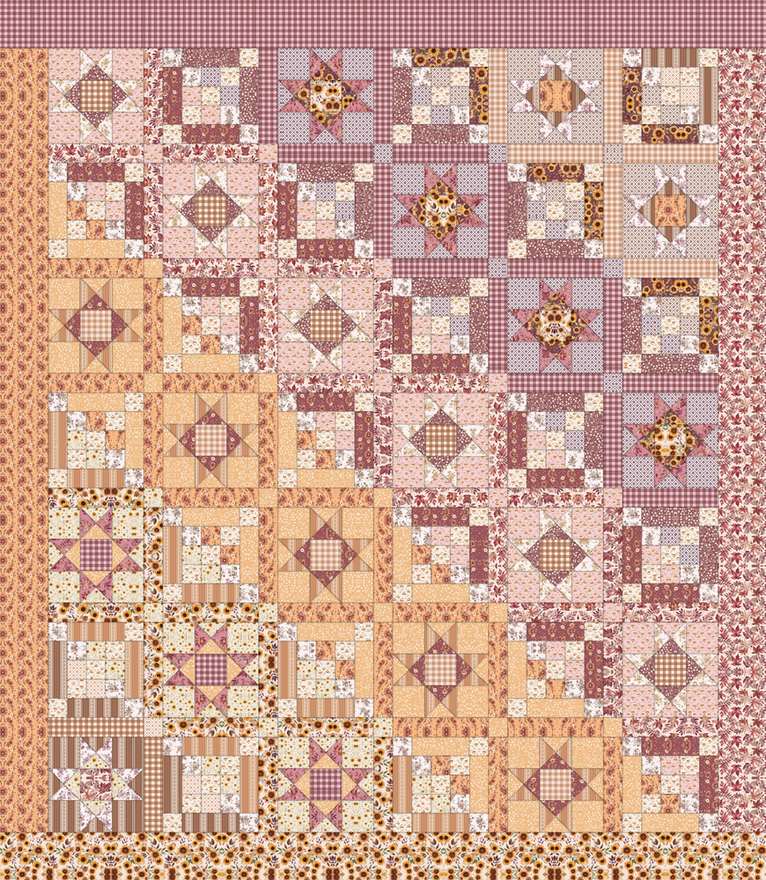 Chroma Flight Quilt Pattern shown in Harvest on the Prairie fabrics