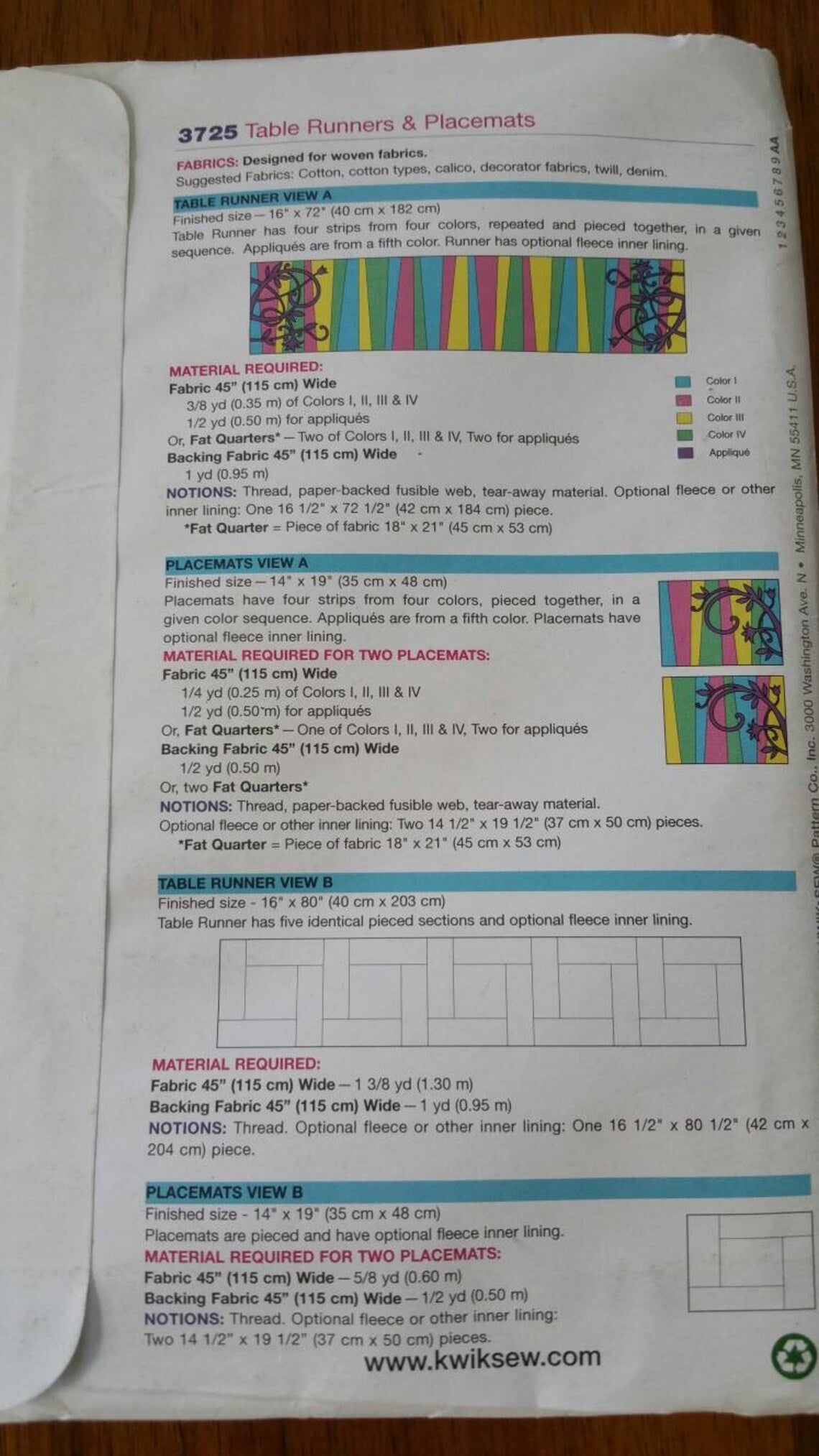 Kwik Sew 3725 - Table Runners and Placemats