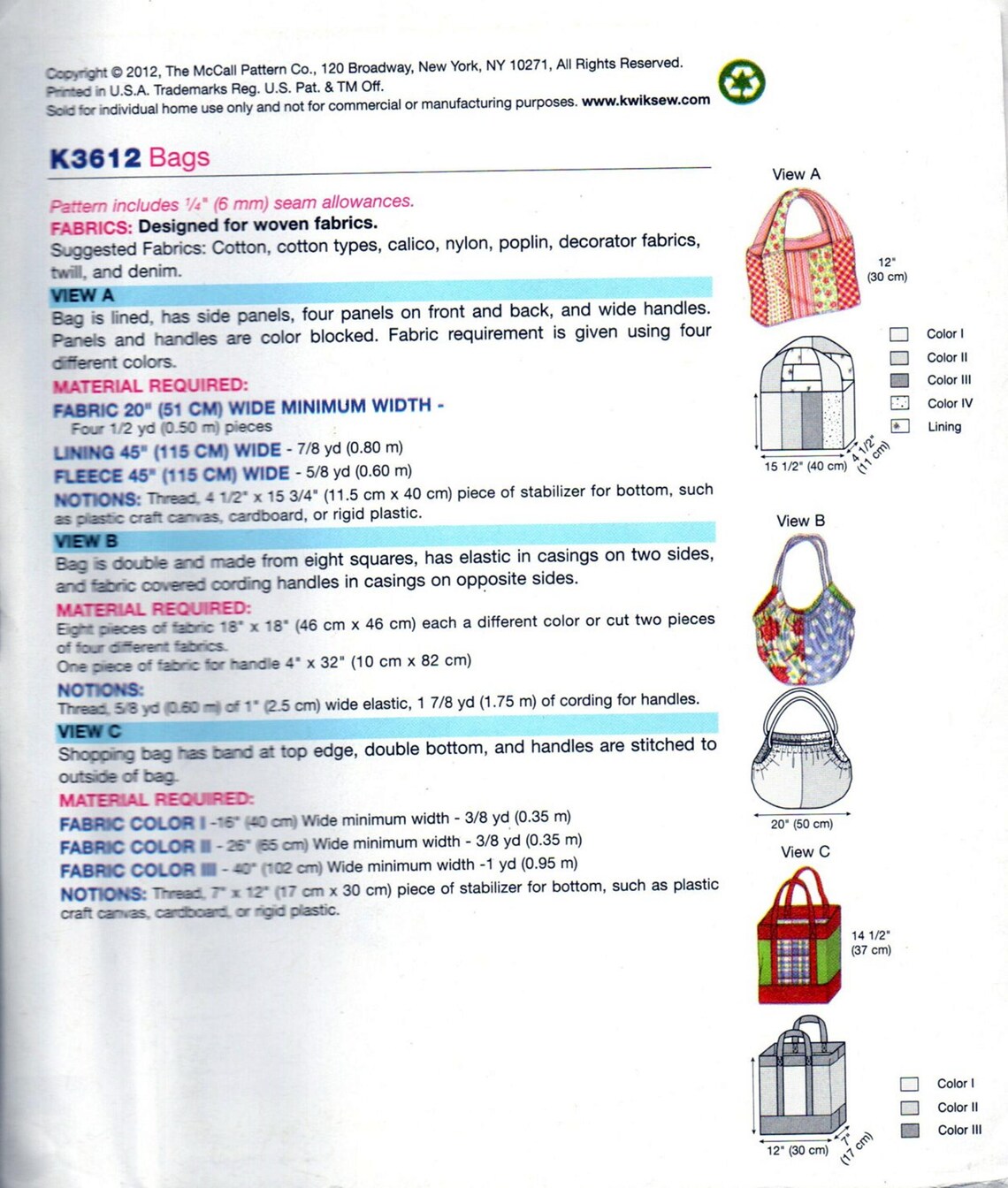 Kwik Sew Bag 3612