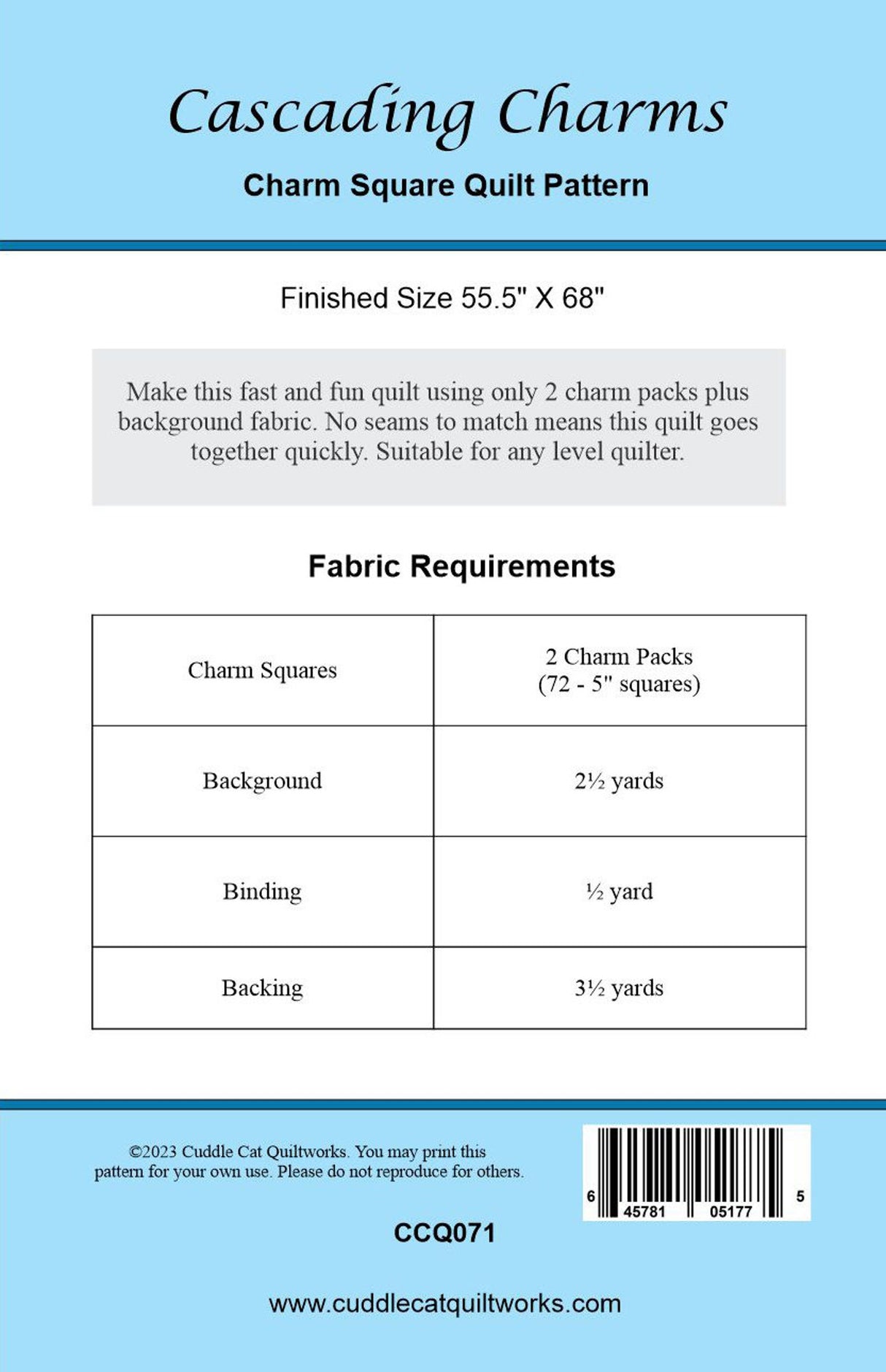Back of the Cascading Charms Downloadable Pattern by Cuddle Cat Quiltworks