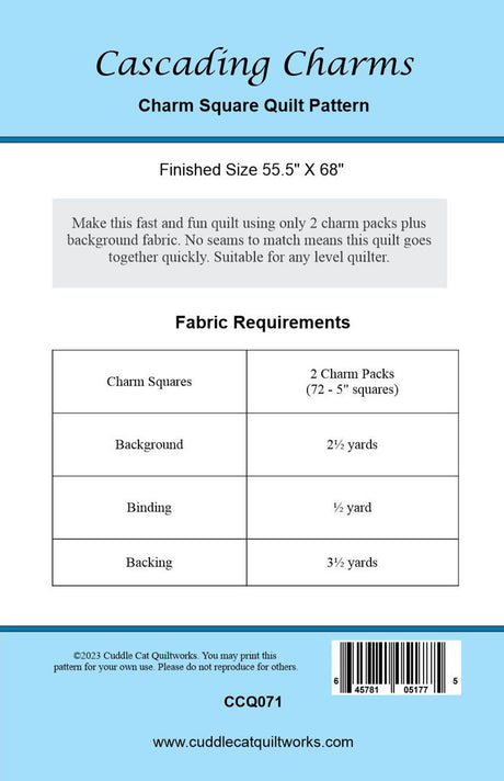 Back of the Cascading Charms Downloadable Pattern by Cuddle Cat Quiltworks