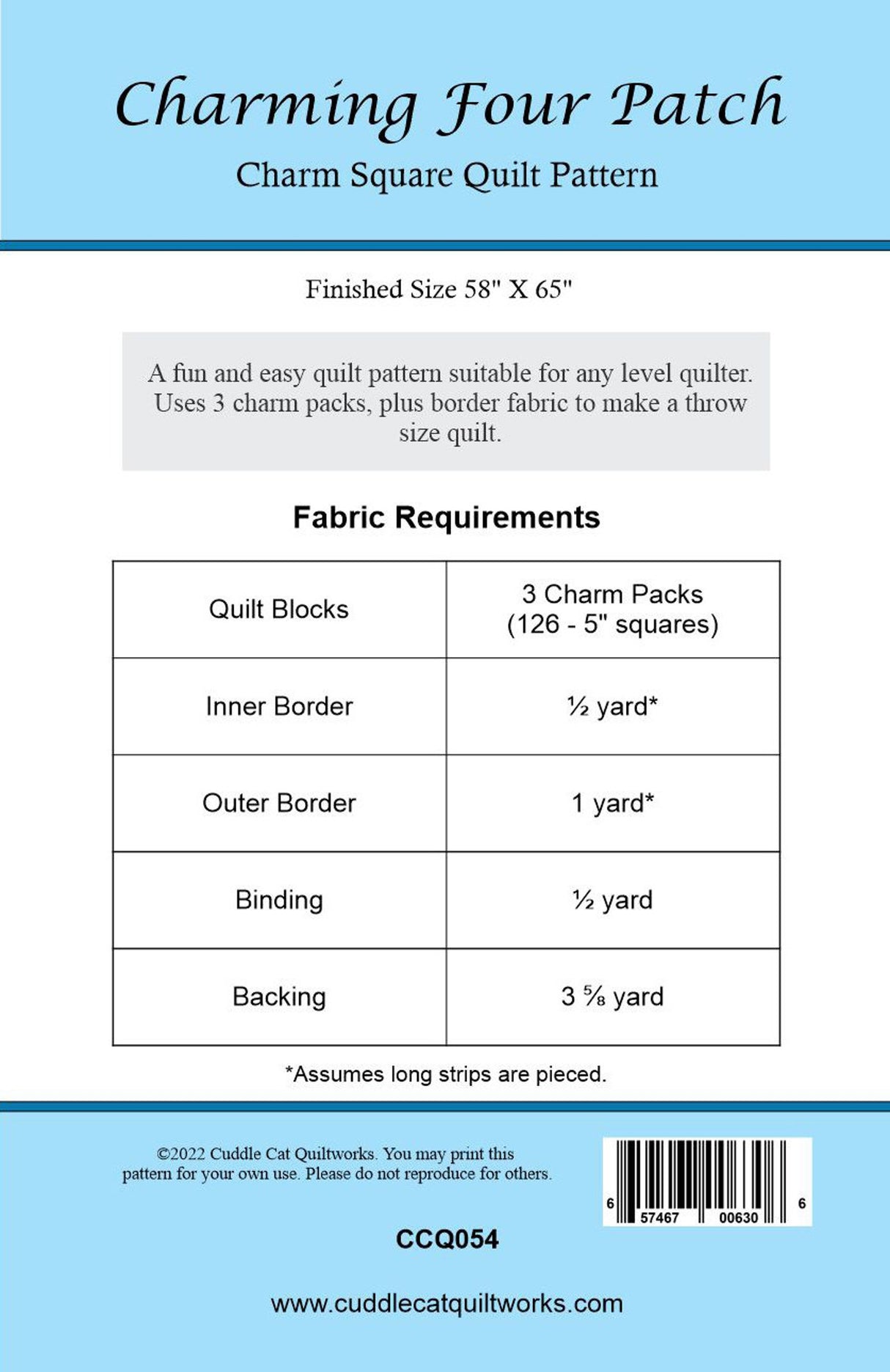 Back of the Charming Four Patch Downloadable Pattern by Cuddle Cat Quiltworks