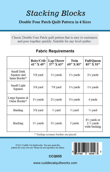 Back of the Stacking Blocks Downloadable Pattern by Cuddle Cat Quiltworks