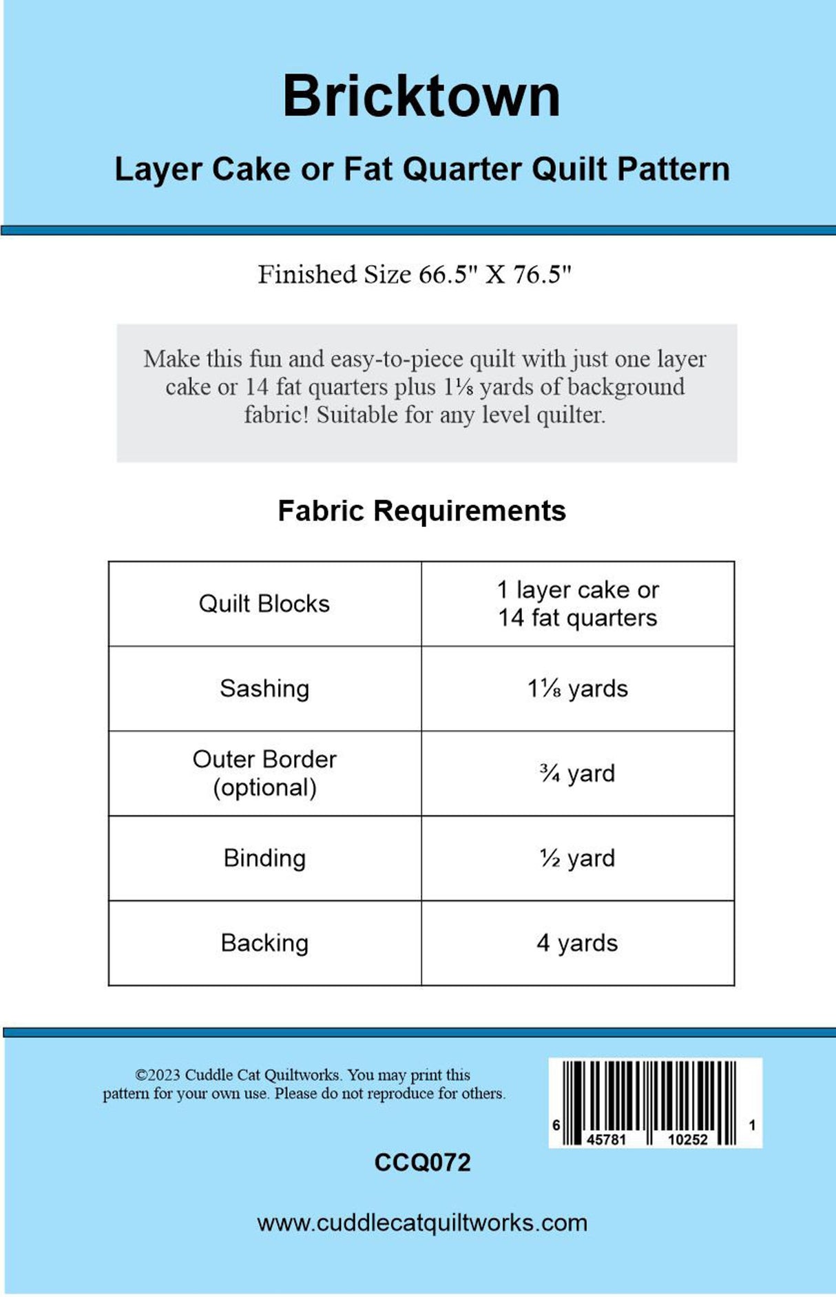Back of the Bricktown Downloadable Pattern by Cuddle Cat Quiltworks
