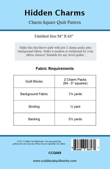 Back of the Hidden Charms Downloadable Pattern by Cuddle Cat Quiltworks