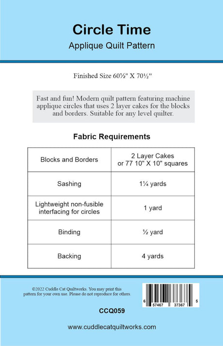 Back of the Circle Time Downloadable Pattern by Cuddle Cat Quiltworks