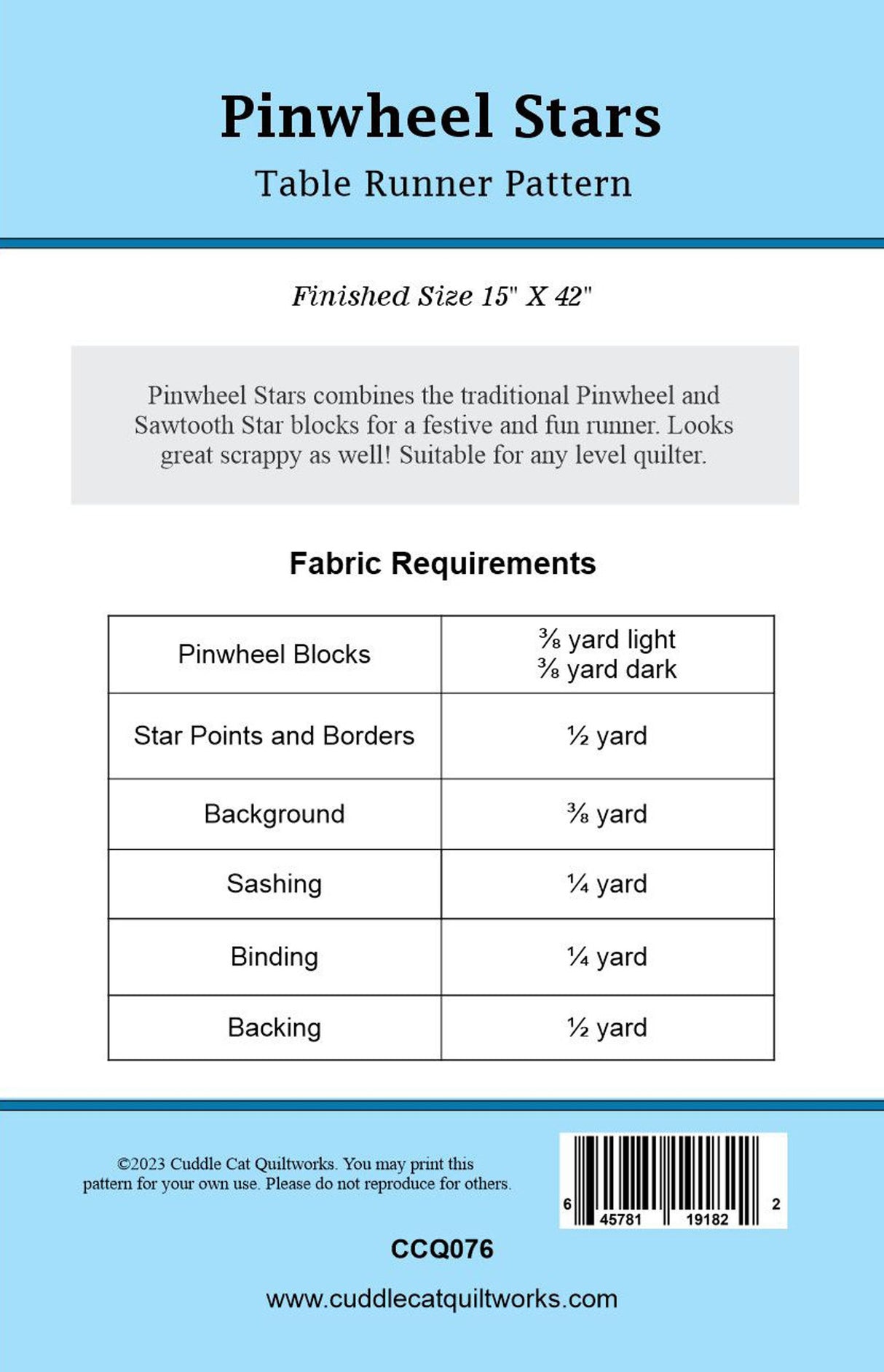 Back of the Pinwheel Stars Downloadable Pattern by Cuddle Cat Quiltworks
