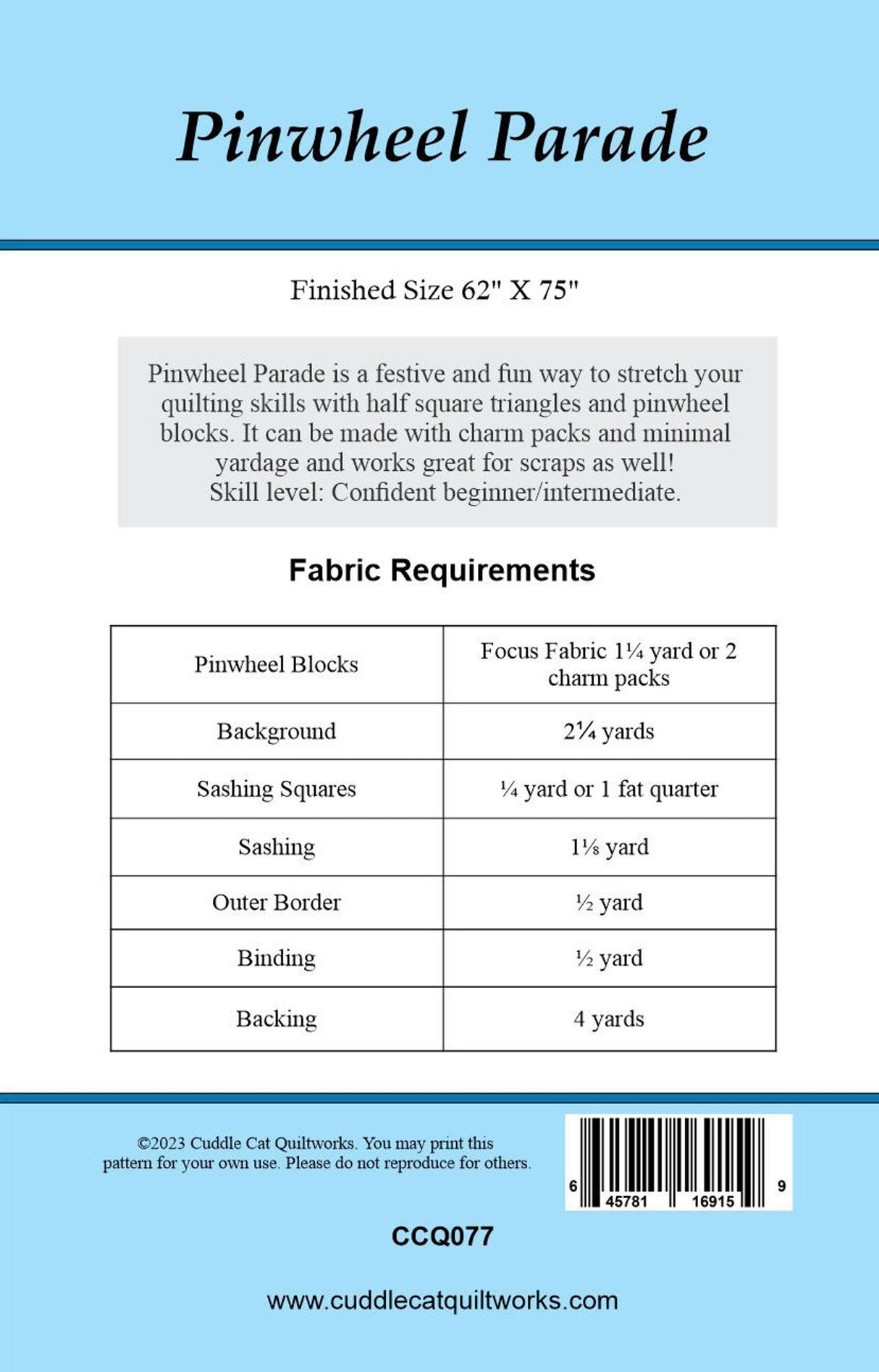 Back of the Pinwheel Parade Downloadable Pattern by Cuddle Cat Quiltworks