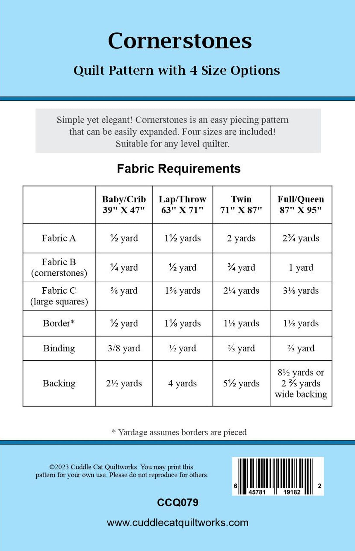Back of the Cornerstones Downloadable Pattern by Cuddle Cat Quiltworks