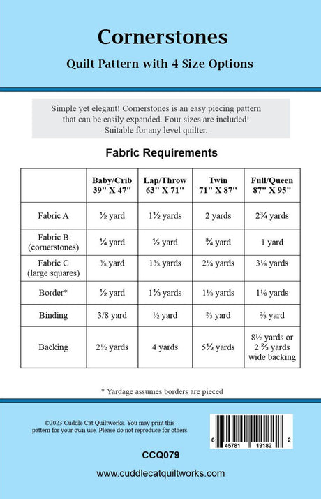 Back of the Cornerstones Downloadable Pattern by Cuddle Cat Quiltworks