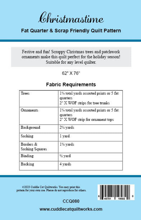 Back of the Christmastime Downloadable Pattern by Cuddle Cat Quiltworks