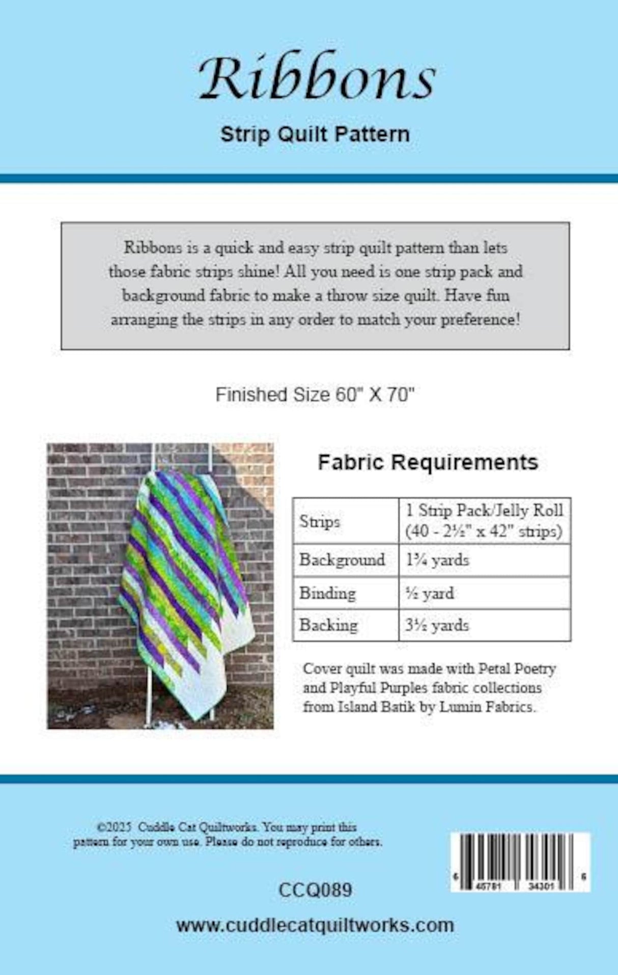 Back of the Ribbons Downloadable Pattern by Cuddle Cat Quiltworks