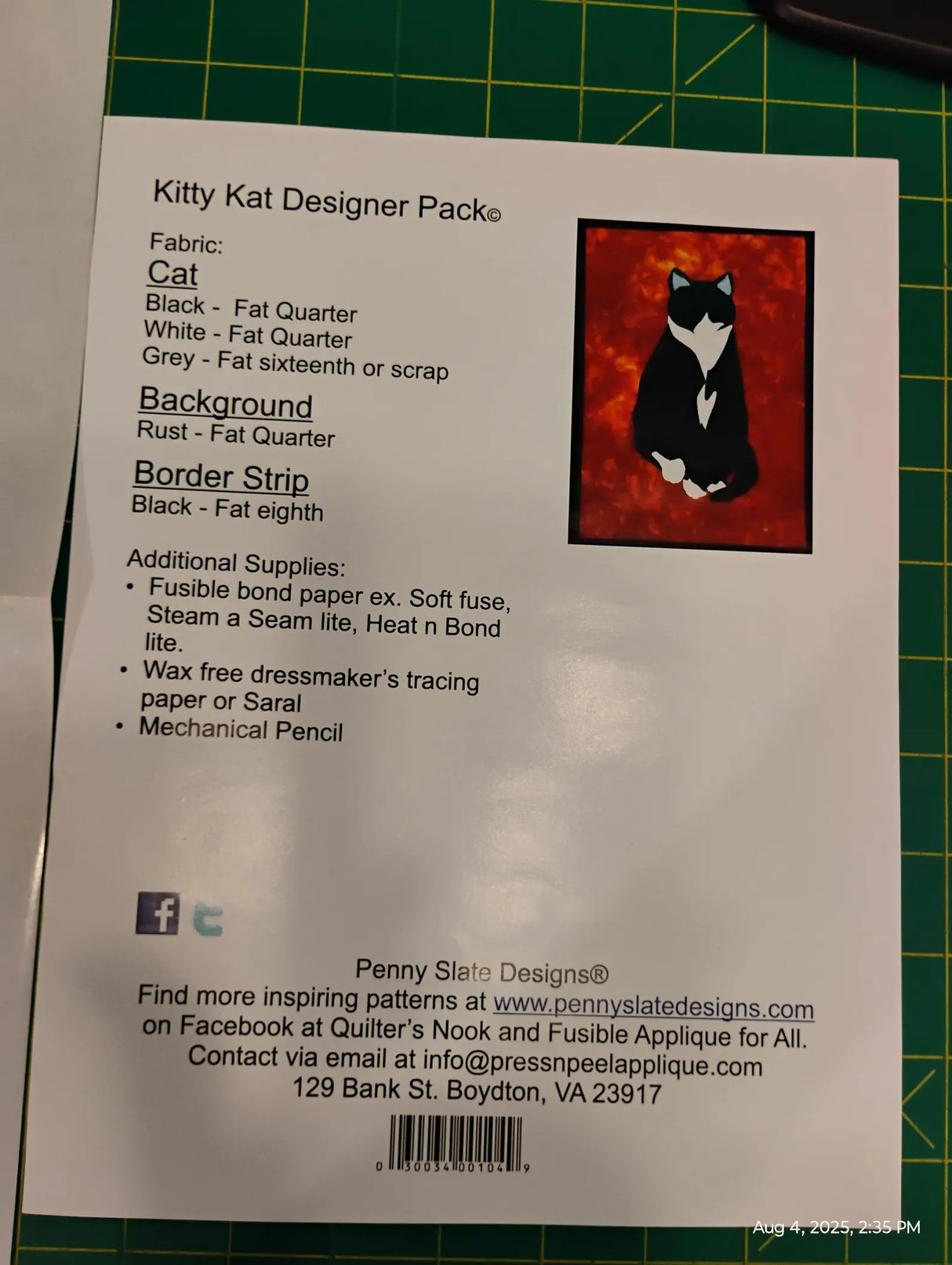 Back of the Kitty Kat Pattern Press & Peel Applique by Penny Slate Designs