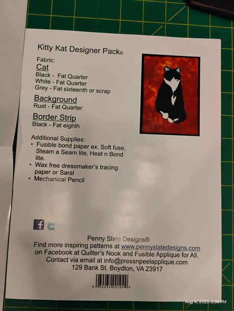 Back of the Kitty Kat Pattern Press & Peel Applique by Penny Slate Designs