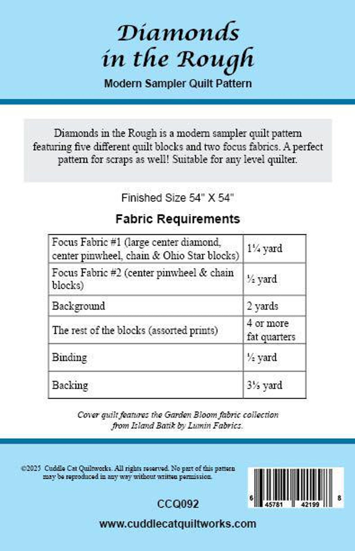 Back of the Diamond in the Rough Downloadable Pattern by Cuddle Cat Quiltworks